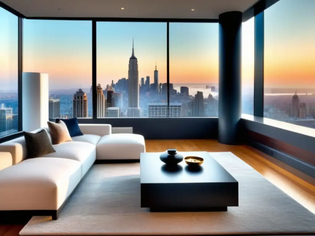 Salón moderno de lujo con vista panorámica a la ciudad, elegante decoración y ambiente acogedor