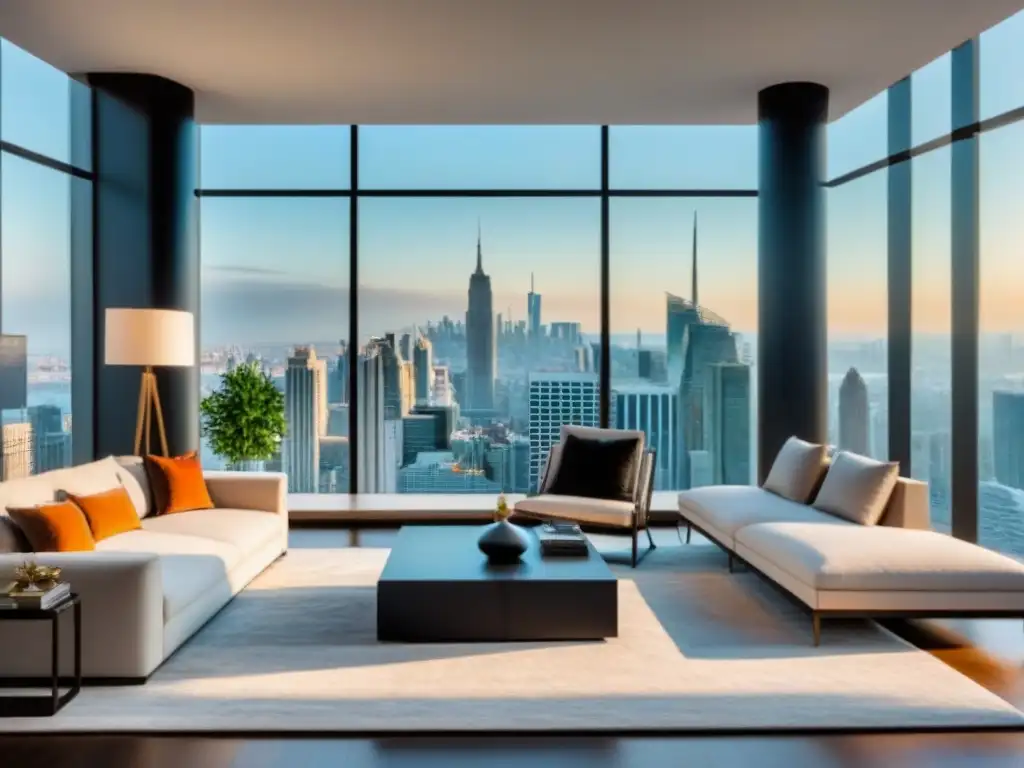 Sala de estar moderna y lujosa con vista a la ciudad y luz natural Salón moderno de lujo con vista a la ciudad, mobiliario elegante y luz natural