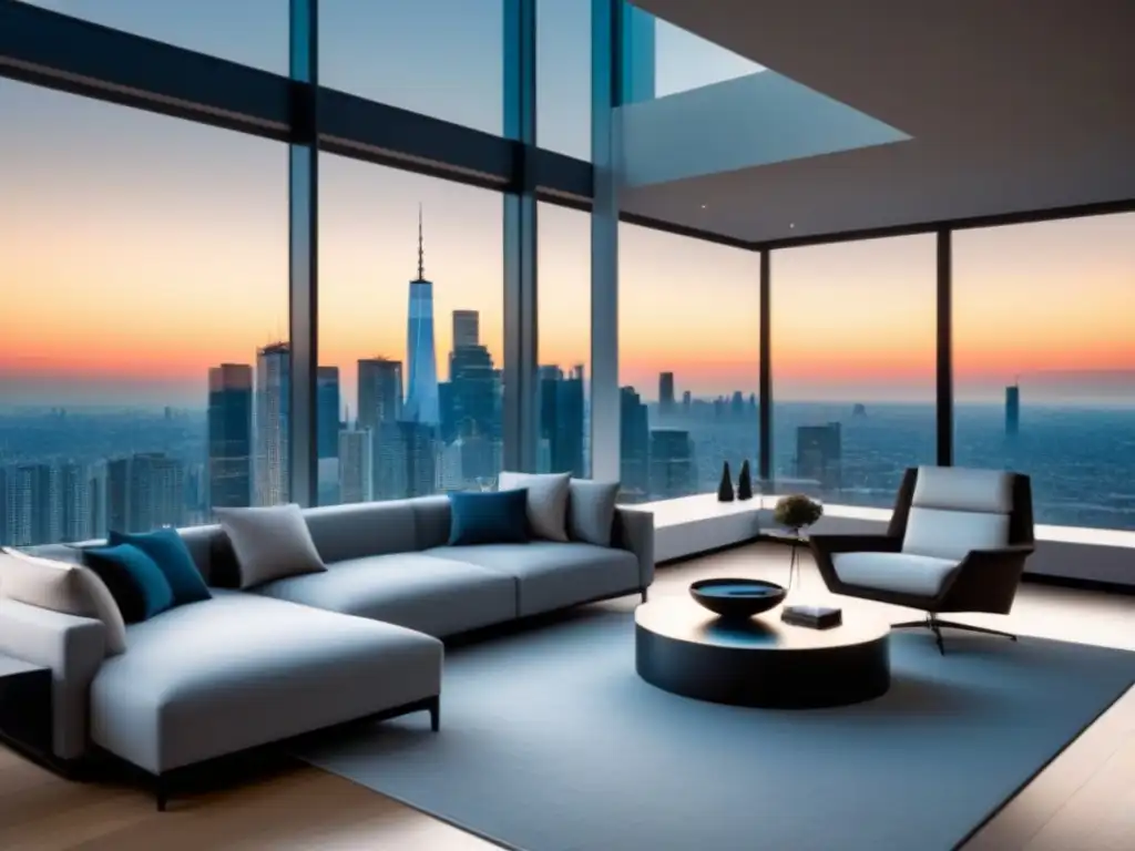 'Salón moderno de lujo con vista a la ciudad, muebles elegantes y decoración de alta gama