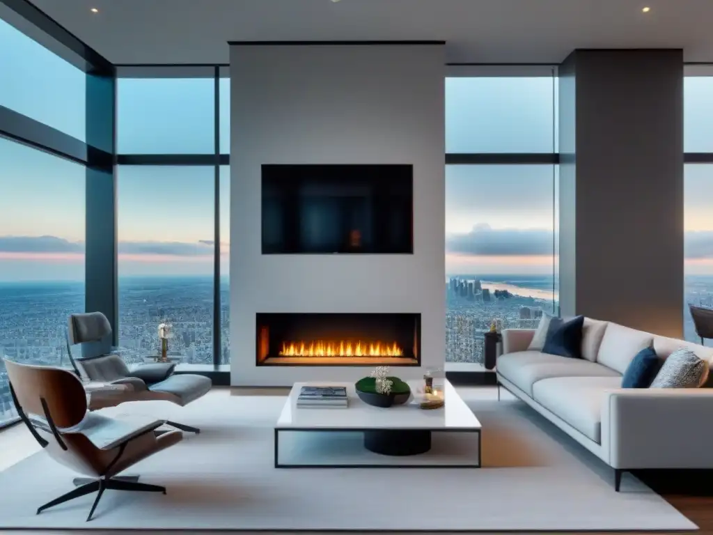 Salón moderno de lujo con vista panorámica a la ciudad Salón moderno de lujo con vista panorámica a la ciudad, mobiliario elegante y paleta minimalista