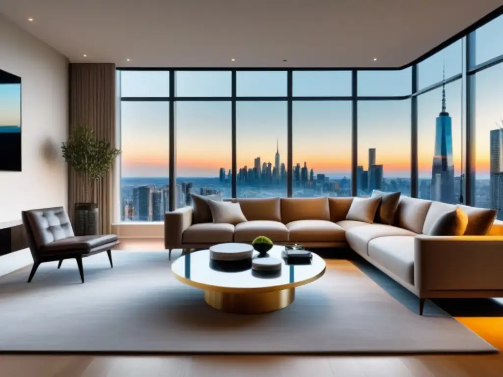 Salón de lujo con vista urbana en propiedad renovada Salón moderno de lujo con vista a la ciudad, muebles elegantes y decoración sofisticada