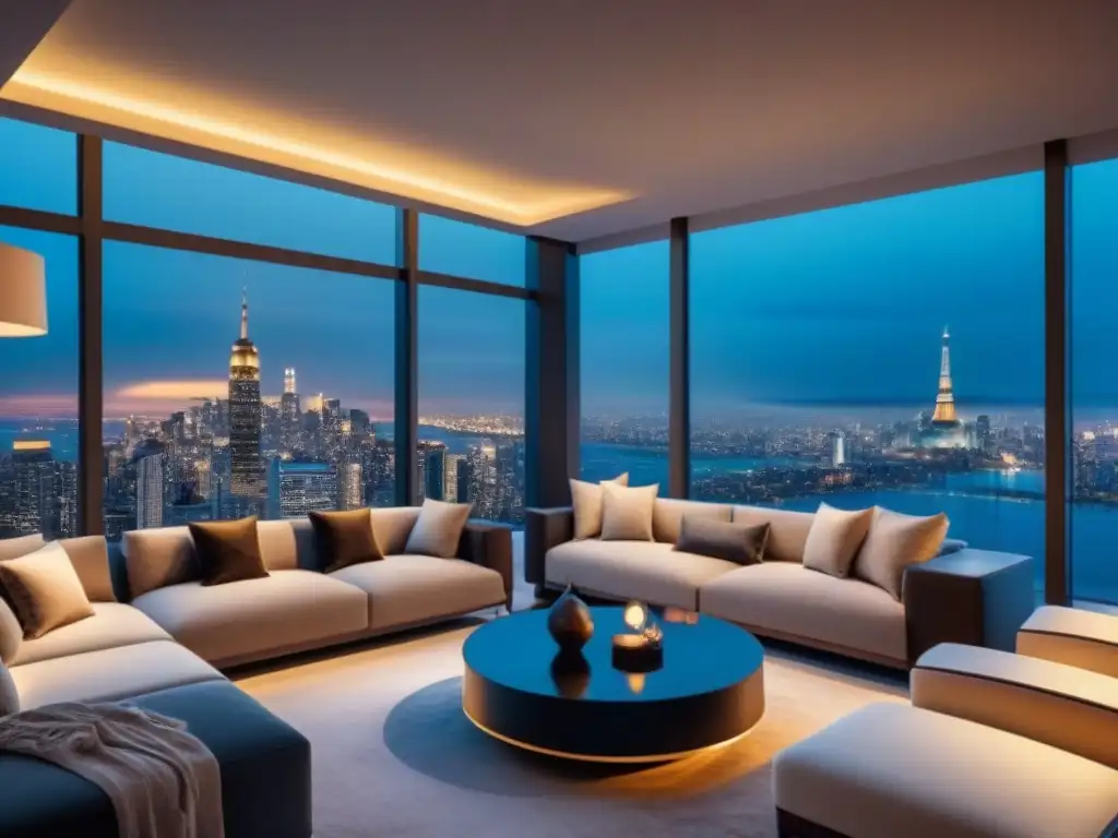 Salón de lujo con vista nocturna a la ciudad Salón moderno de lujo con vista nocturna a la ciudad y diseño elegante