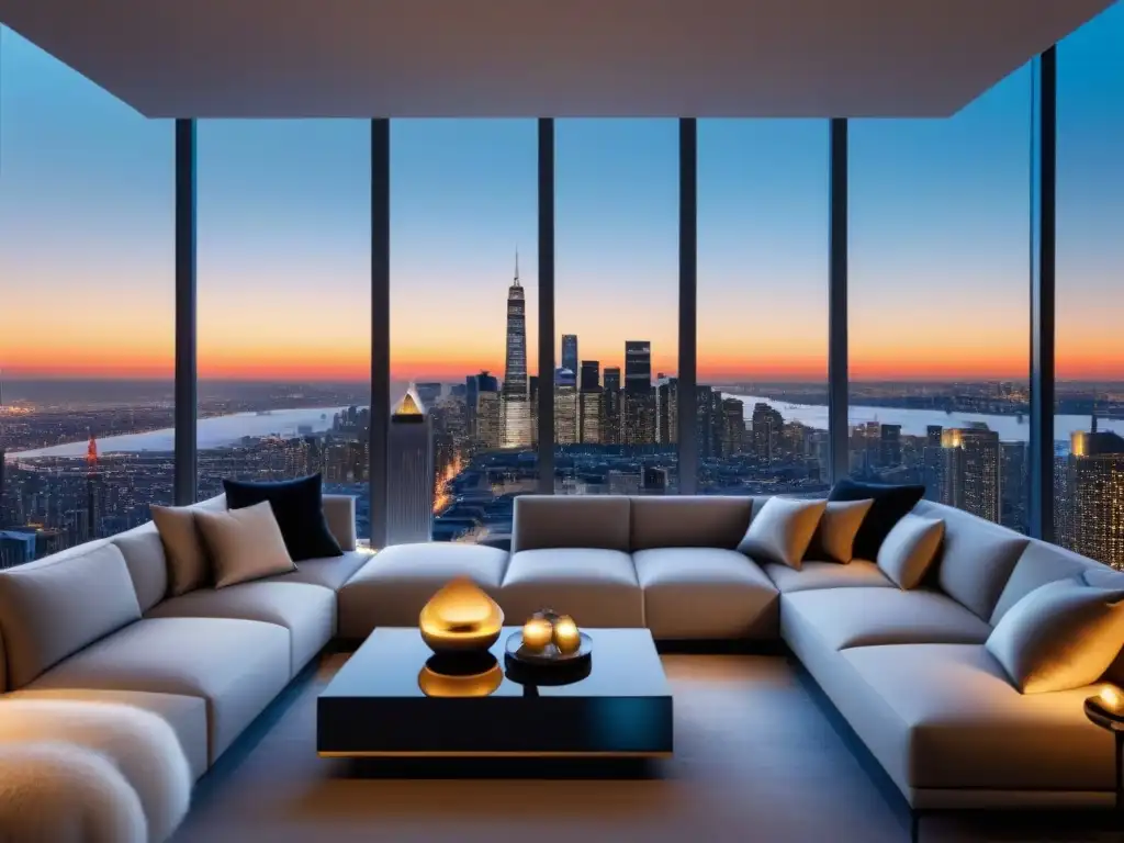 Penthouse de lujo con vista panorámica nocturna en 8k Salón de penthouse moderno de lujo con vista panorámica nocturna de la ciudad