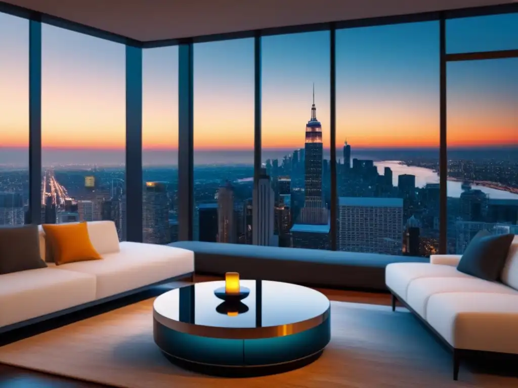 Salón moderno de lujo con vista a la ciudad al atardecer y realidad virtual Un salón moderno de lujo con vista a la ciudad al anochecer y un visor de realidad virtual en la mesa