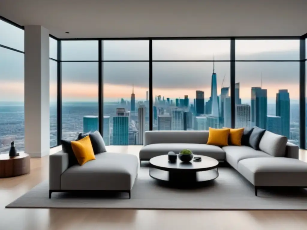 Salón de lujo con vista a la ciudad y realidad virtual Salón moderno de lujo con vista a la ciudad y Realidad Virtual en mesa de café