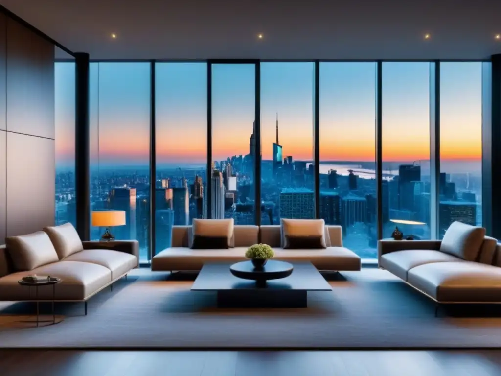 Sala de estar de lujo con vista a la ciudad y tecnología avanzada Salón moderno de lujo con vista a la ciudad y diseño sofisticado, integrando herramientas digitales para rentabilidad en propiedades