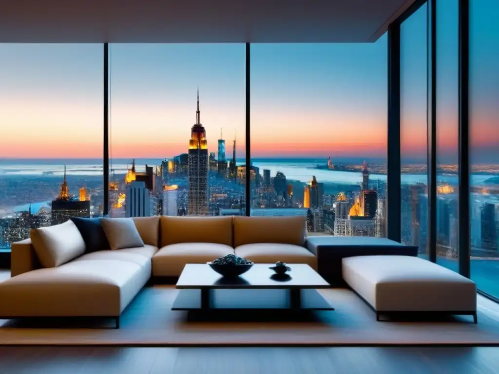 Sala de estar moderna y lujosa con vista nocturna de la ciudad Salón moderno de lujo con vista nocturna de la ciudad, muebles elegantes y refinanciamiento de propiedades en crisis