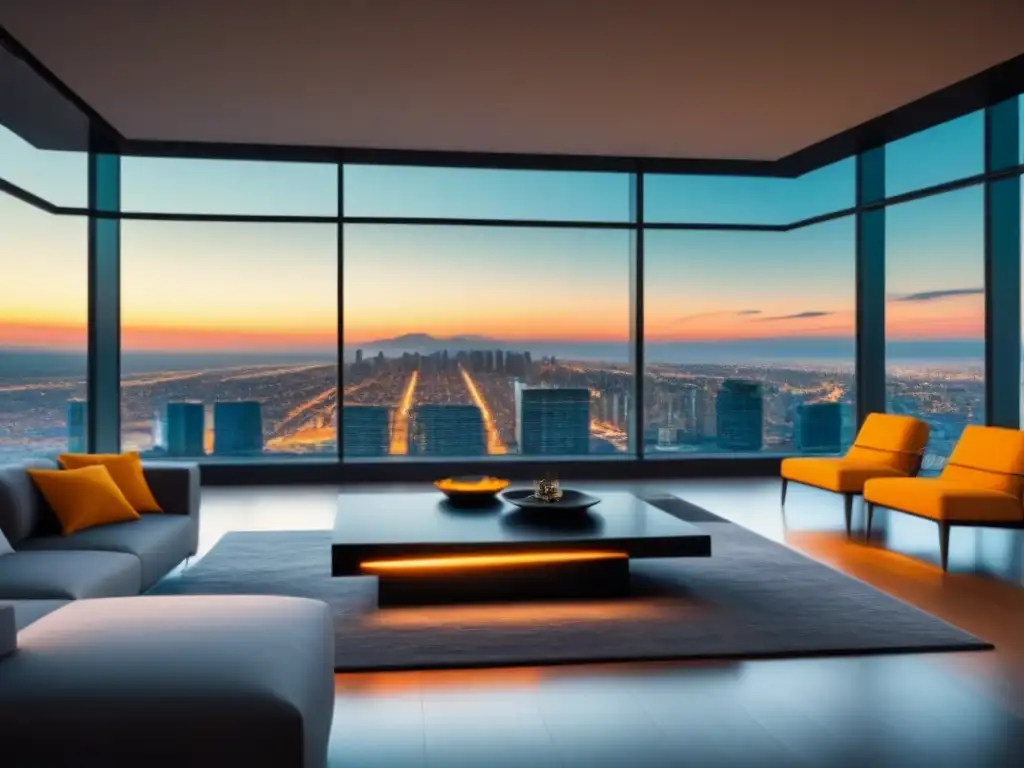 Sala de estar de lujo con vista a la ciudad: inversión inmobiliaria exitosa Salón moderno de lujo con vista urbana, muebles elegantes y chimenea contemporánea, símbolo de éxito financiero e inversiones inmobiliarias