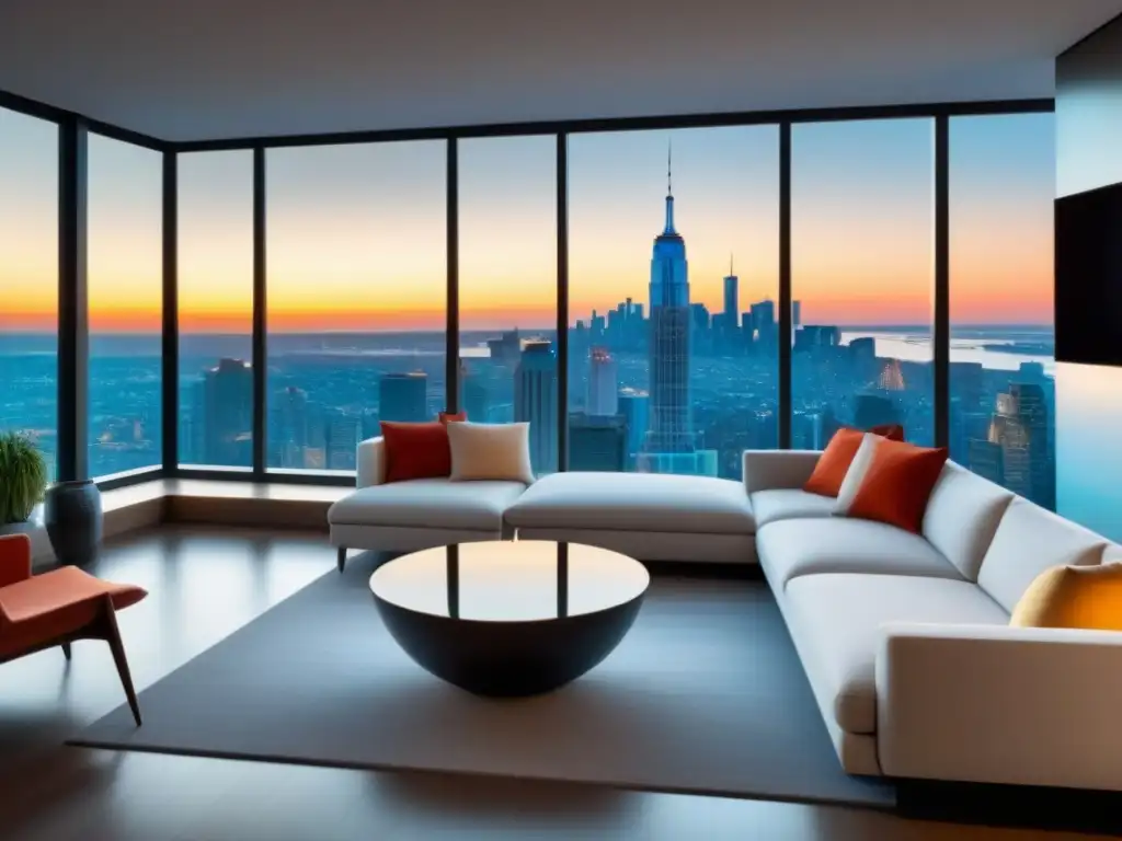 Salón moderno de lujo con vista a la ciudad y chimenea cálida Salón moderno de lujo con vista a la ciudad, chimenea cálida y Préstamo FHA combinado ayuda financiera