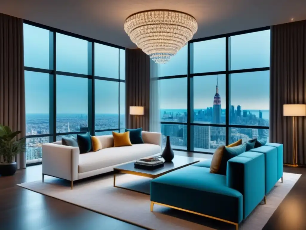 Salón de lujo con vista urbana en 8k Salón moderno de lujo con vista a la ciudad y decoración elegante