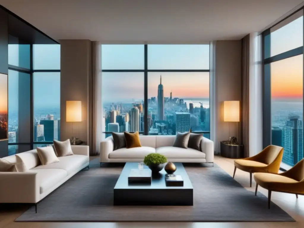 Salón de lujo con vista urbana y decoración sofisticada Salón moderno de lujo con vista urbana impresionante, diseño elegante y paleta neutra y metálica
