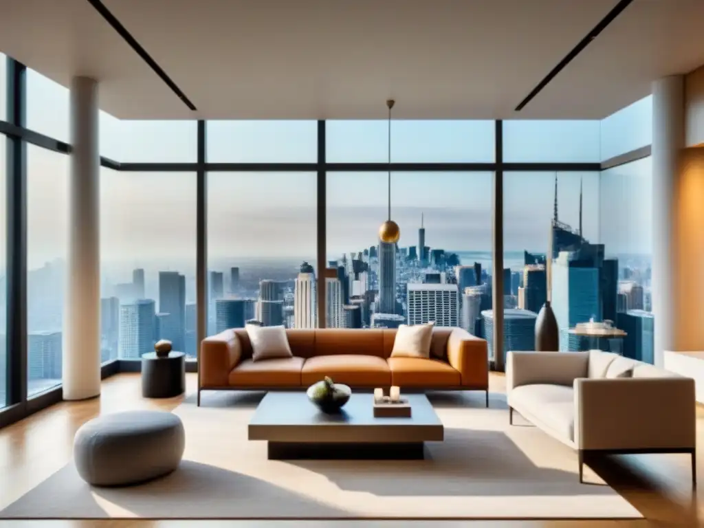 Salón de lujo con vistas panorámicas: modernidad y elegancia Salón moderno de lujo con vista a la ciudad, muebles elegantes, chimenea y arte decorativo