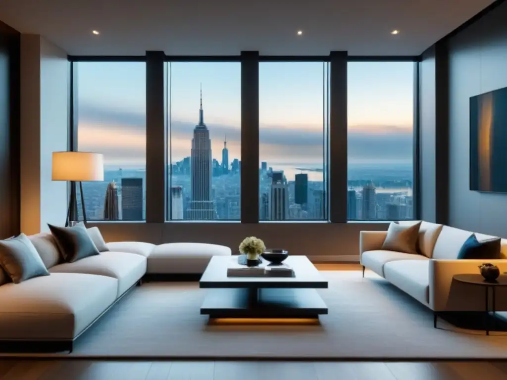 Sala de estar de lujo para discutir hipotecas fijas Salón moderno de lujo con vista urbana, muebles elegantes y ambiente sofisticado