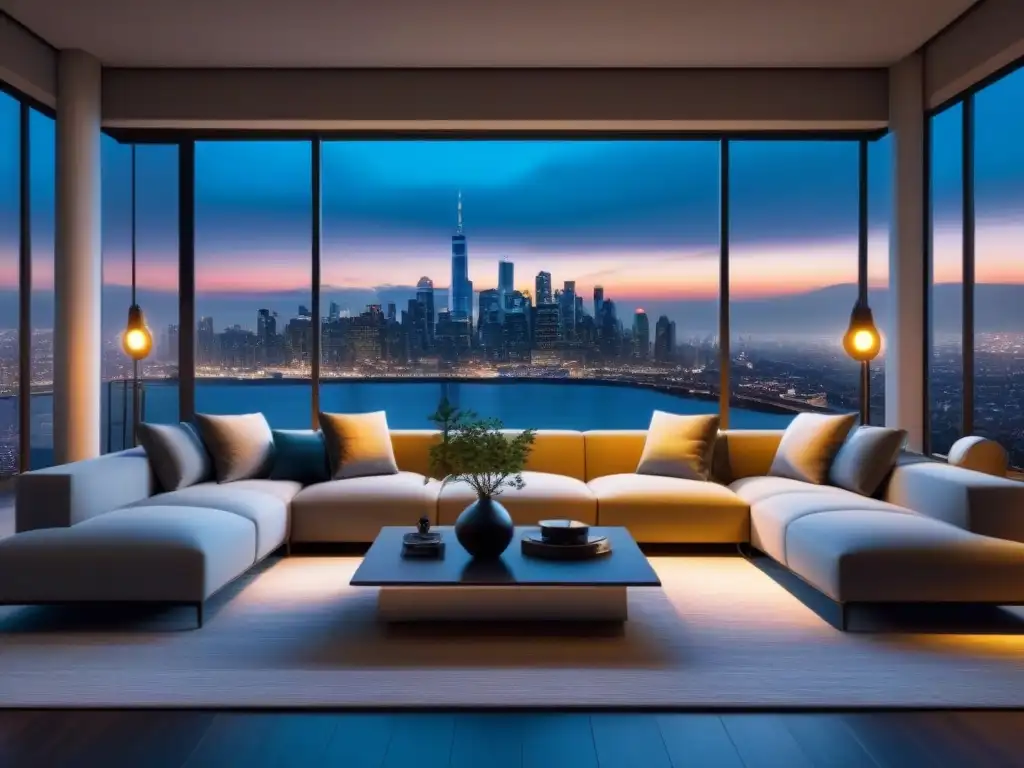 Sala de estar de lujo con vista nocturna de la ciudad y elegante decoración Salón moderno de lujo con vista nocturna a la ciudad, decoración elegante y toques de vegetación, ideal para relajarse después de un día exitoso de Diversificación de inversiones en inmobiliaria