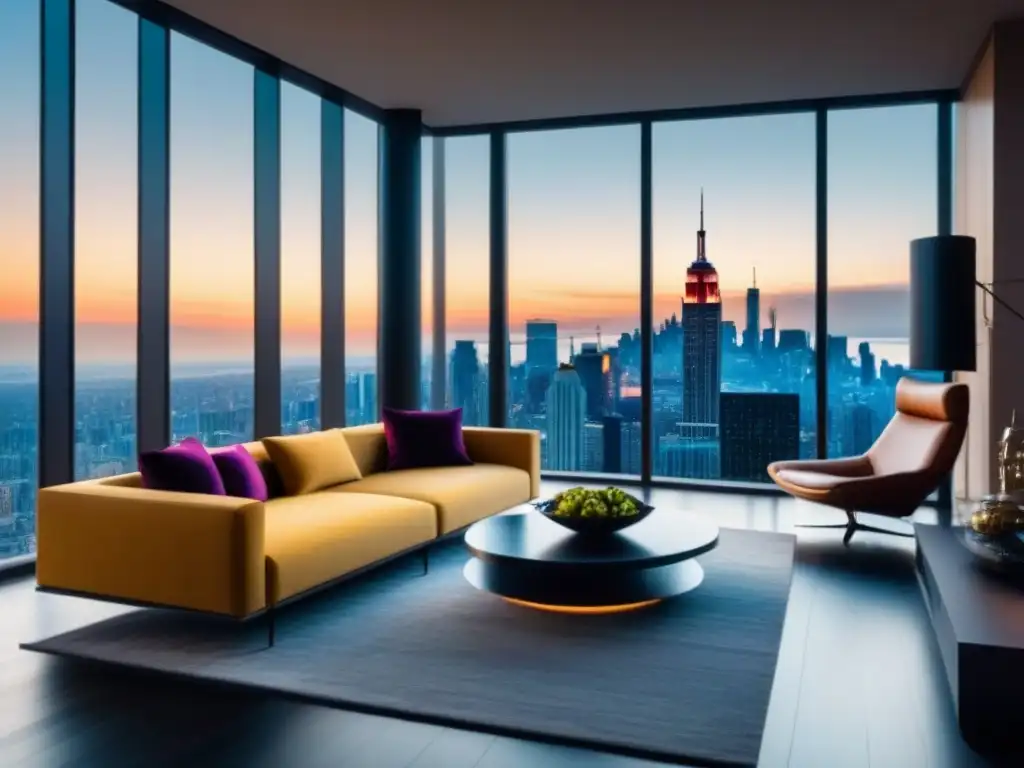 Salón de lujo con vista urbana y mobiliario contemporáneo elegante Salón moderno de lujo con vista urbana de alto nivel