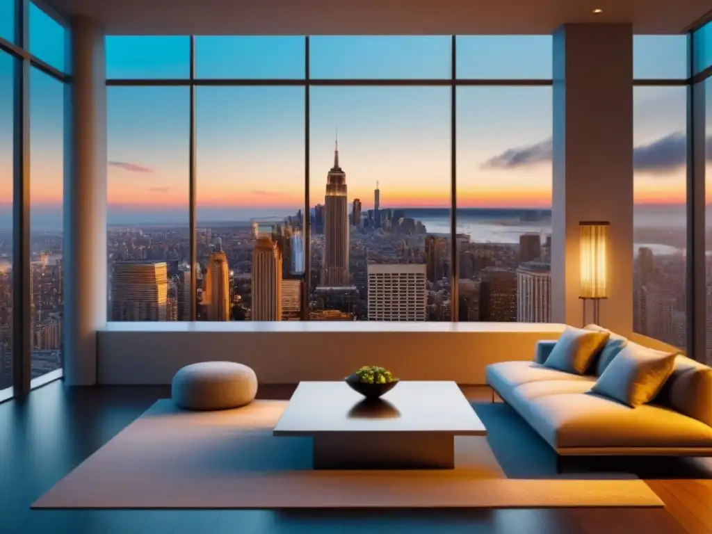 Salón de lujo con vistas a la ciudad Salón moderno de lujo con vistas a la ciudad y elegante decoración