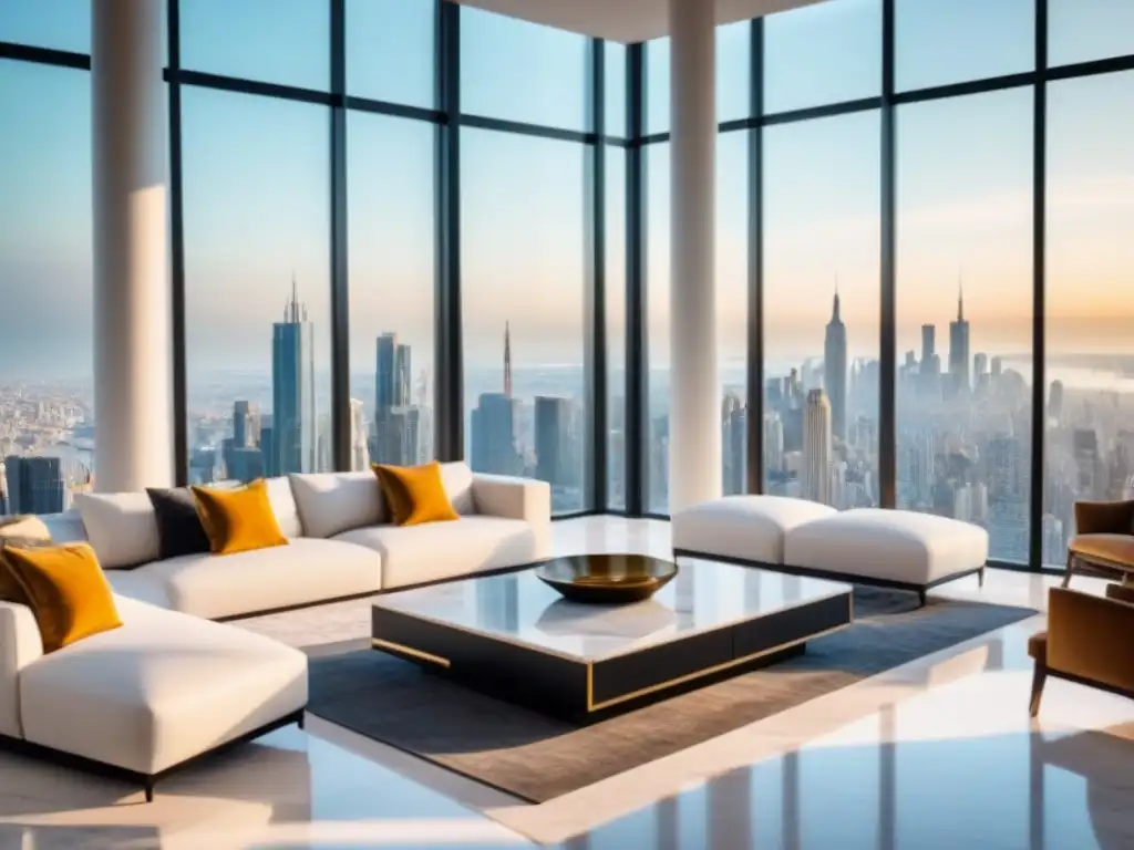 Salón de lujo con vista panorámica: refinanciamiento de propiedades de lujo Salón moderno de lujo con vistas a la ciudad, muebles elegantes y refinanciamiento préstamos inmobiliarios lujo