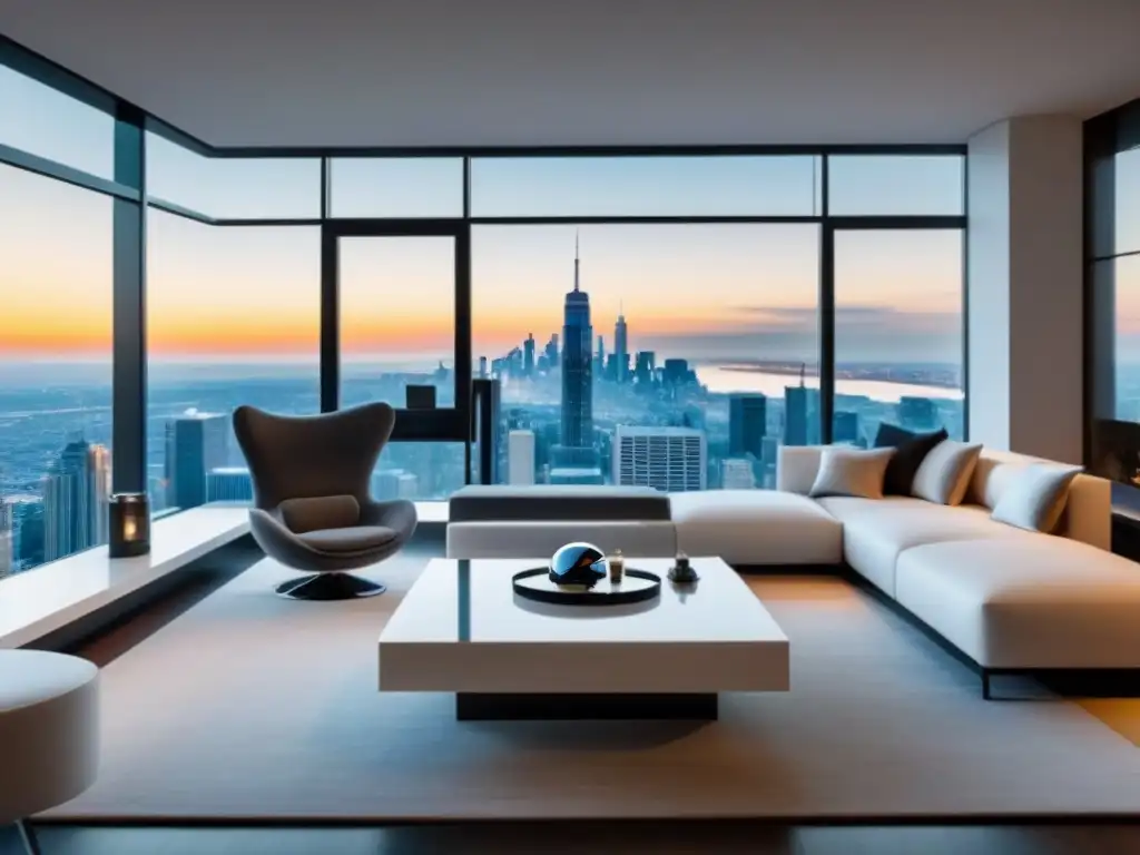 Salón de lujo con vistas urbanas y tecnología VR innovadora Salón moderno de lujo con vistas a la ciudad y un auricular de Realidad Virtual en visitas inmobiliarias