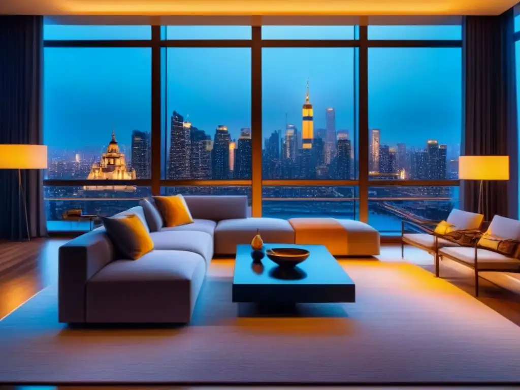 Sala de estar moderna de lujo con vista panorámica al atardecer Un salón moderno de lujo con vistas a la impresionante línea de horizonte de la ciudad al anochecer