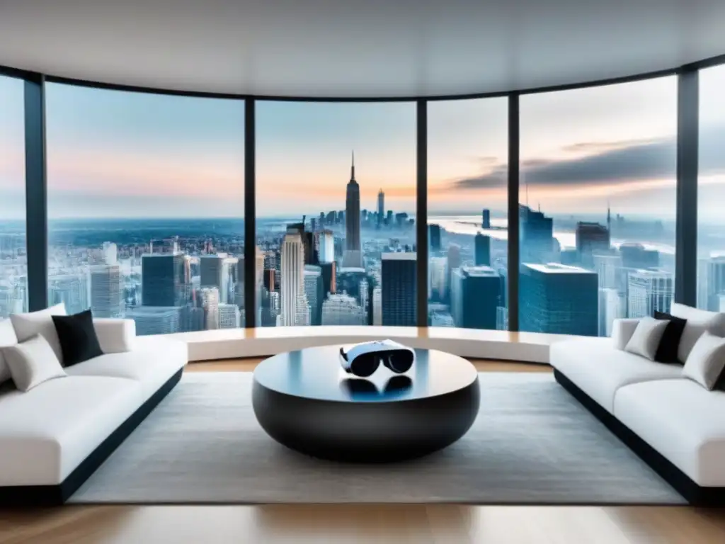 Salón de lujo con tecnología VR y vista urbana Salón moderno de lujo con vistas a la ciudad y visores de realidad virtual en mesa de diseño