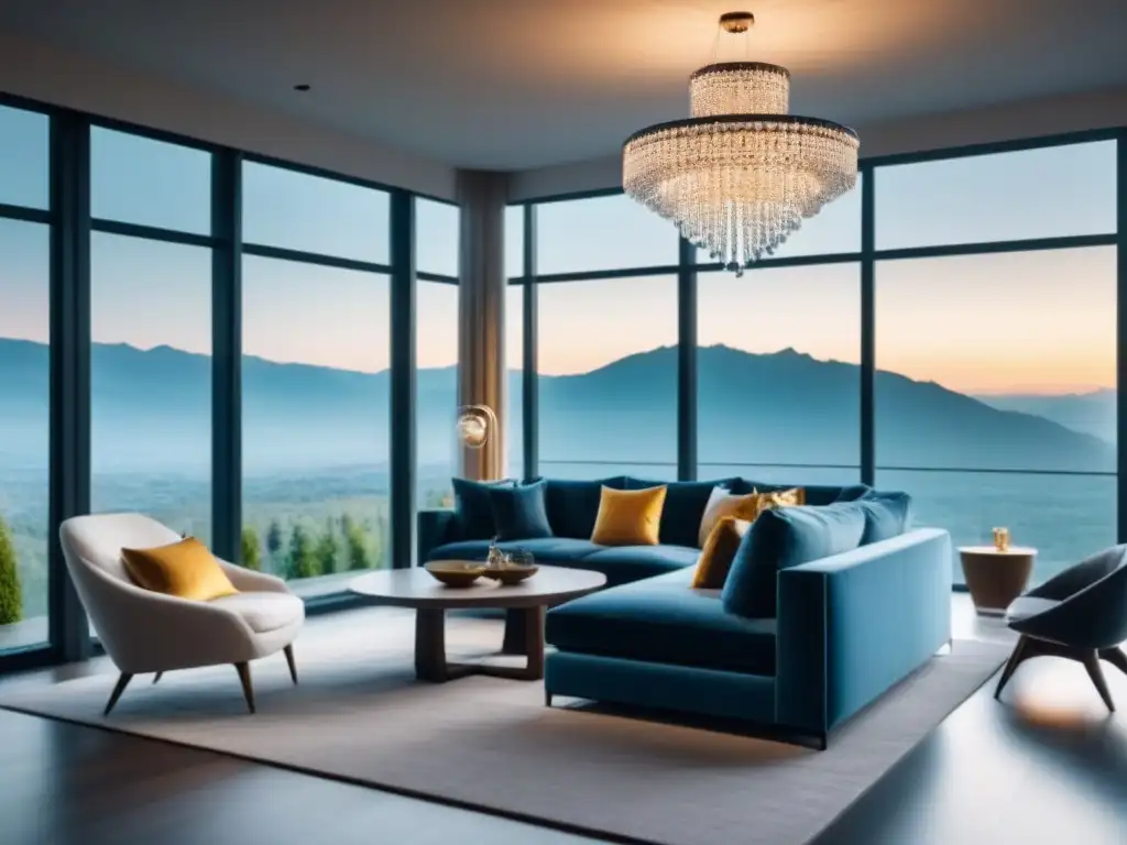 Salón de lujo con vista a la montaña en propiedad secundaria Salón moderno de lujo con vistas a montañas, muebles contemporáneos y decoración elegante