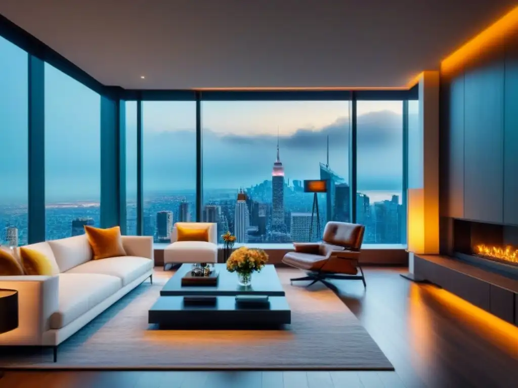 Sala de estar moderna y lujosa con vista urbana impresionante Salón moderno de lujo con vistas a la ciudad, muebles contemporáneos y decoración elegante
