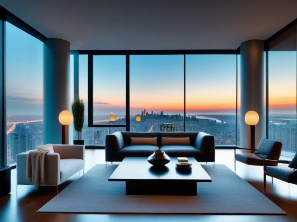 Salón de lujo en rascacielos: diseño personalizado y vistas urbanas Un salón moderno y lujoso en un apartamento de gran altura con vistas a la ciudad, diseñado con muebles contemporáneos y decoración elegante