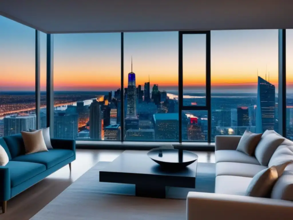 Salón de lujo en condominio moderno con vistas panorámicas Salón moderno y lujoso en condominio urbano con vista panorámica