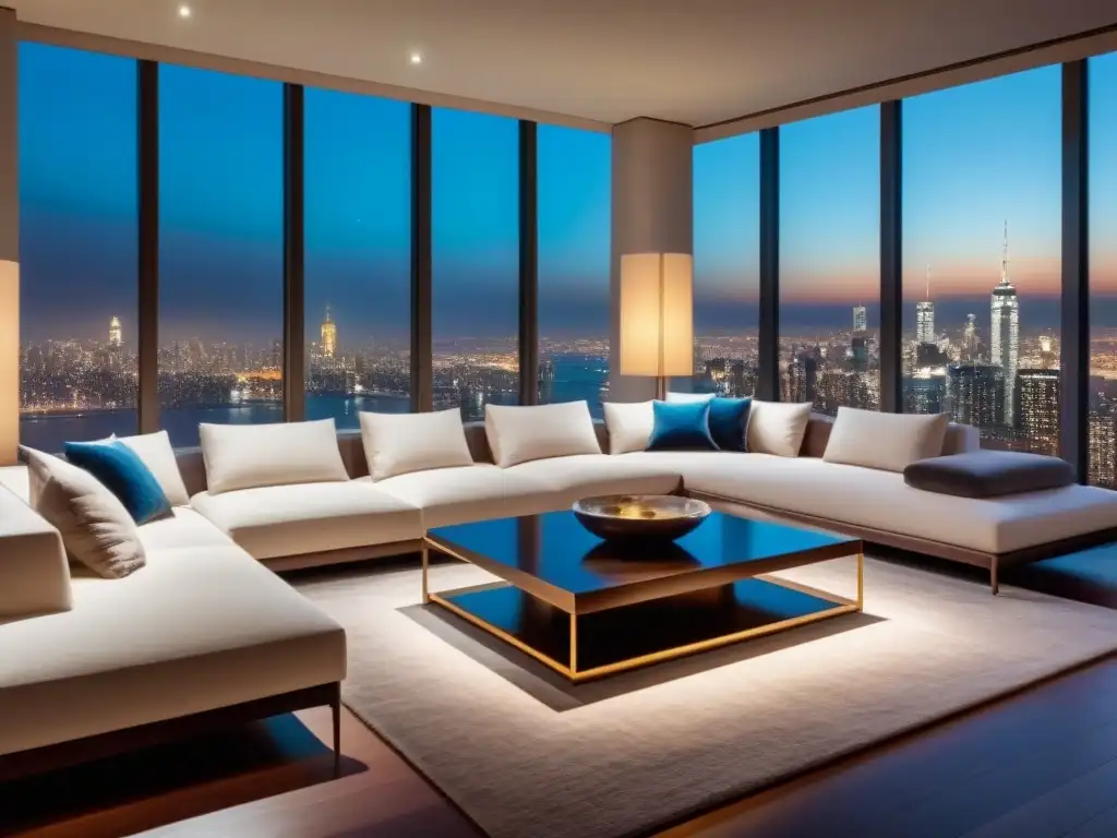 Sofisticado salón urbano con vista nocturna deslumbrante Un salón moderno y lujoso con ventanales de piso a techo con vista a un impresionante horizonte de la ciudad de noche
