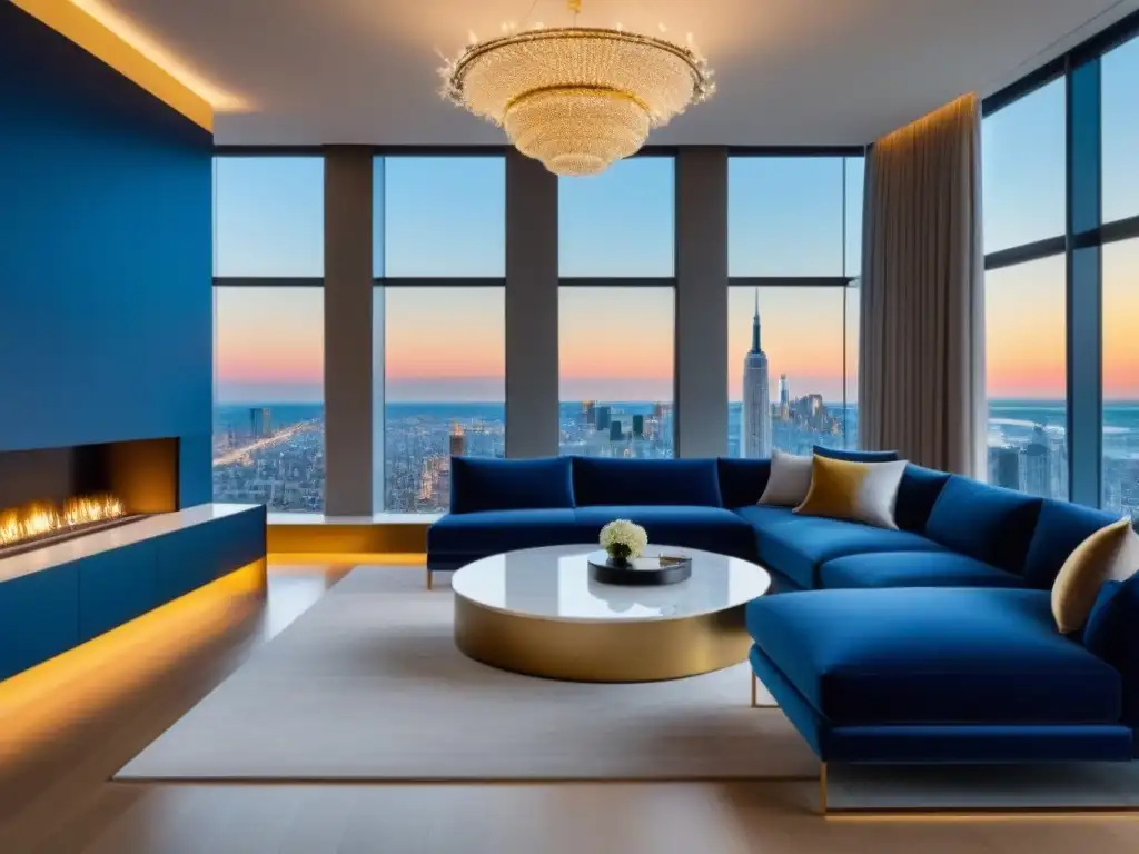 Suntuoso salón moderno con vista panorámica en apartamento de lujo Un salón moderno y lujoso con vista panorámica a la ciudad, muebles elegantes y obras de arte en las paredes, inundado de luz natural, con una cálida atmósfera acogedora y una elegante chimenea de mármol como punto focal, en tonos neutros con toques de az