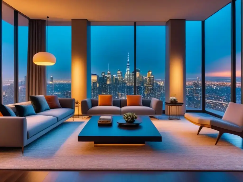 Sala de estar de lujo con vista nocturna de la ciudad Un salón moderno y lujoso con vista a la ciudad de noche