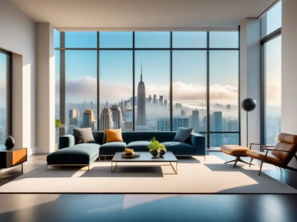 Salón moderno de lujo con vista urbana impresionante Salón moderno y lujoso con vista urbana impresionante, decoración elegante y técnicas persuasivas comprador inmobiliario
