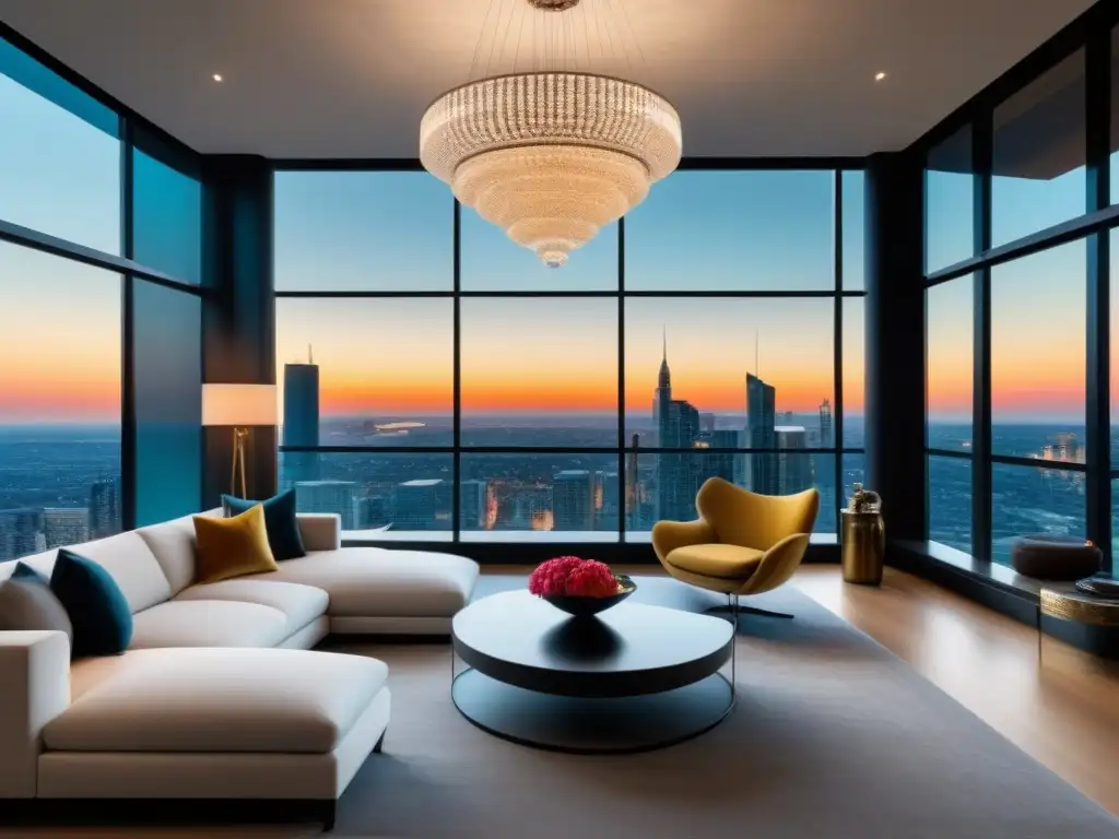 Sala de estar de lujo con vista panorámica a la ciudad Un salón moderno y lujoso con vistas a la ciudad, muebles contemporáneos y toques de color vibrantes