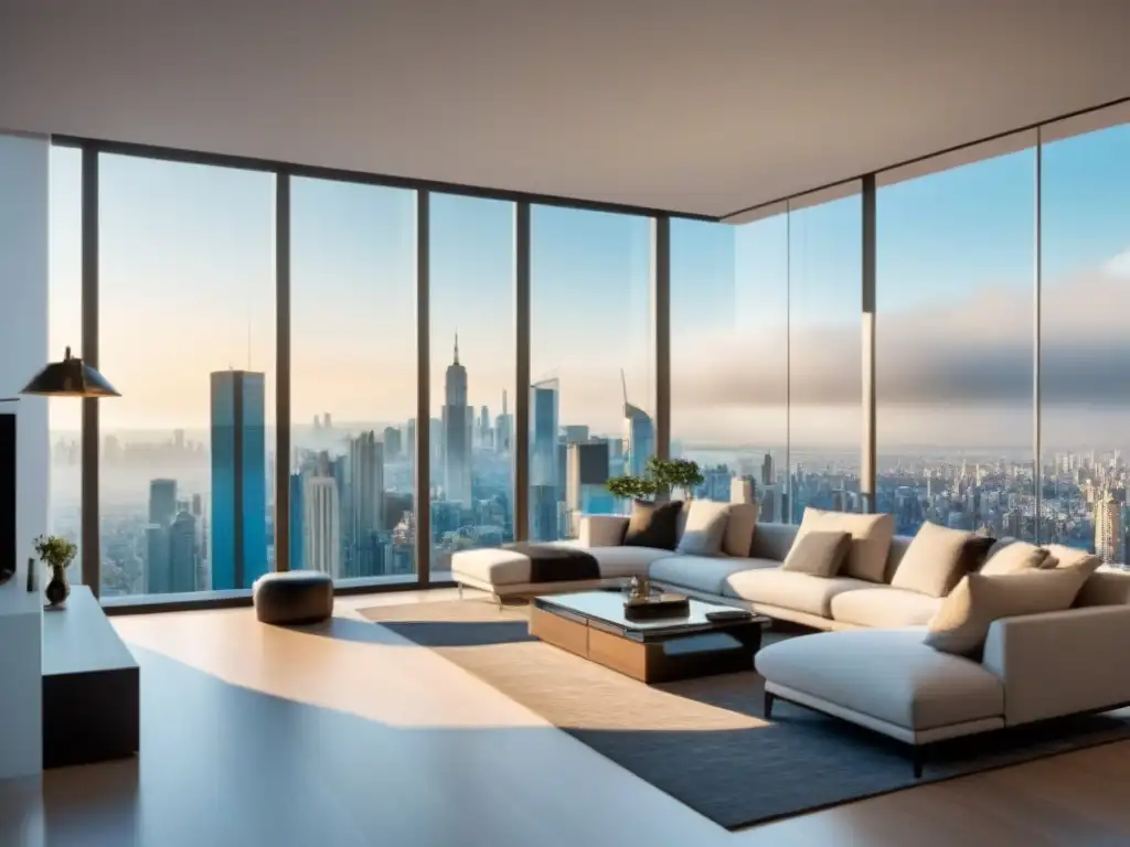 Sala de estar moderna de lujo con vista a la ciudad Salón moderno y lujoso con vistas a la ciudad y muebles contemporáneos, estrategias tasación propiedad inmobiliaria