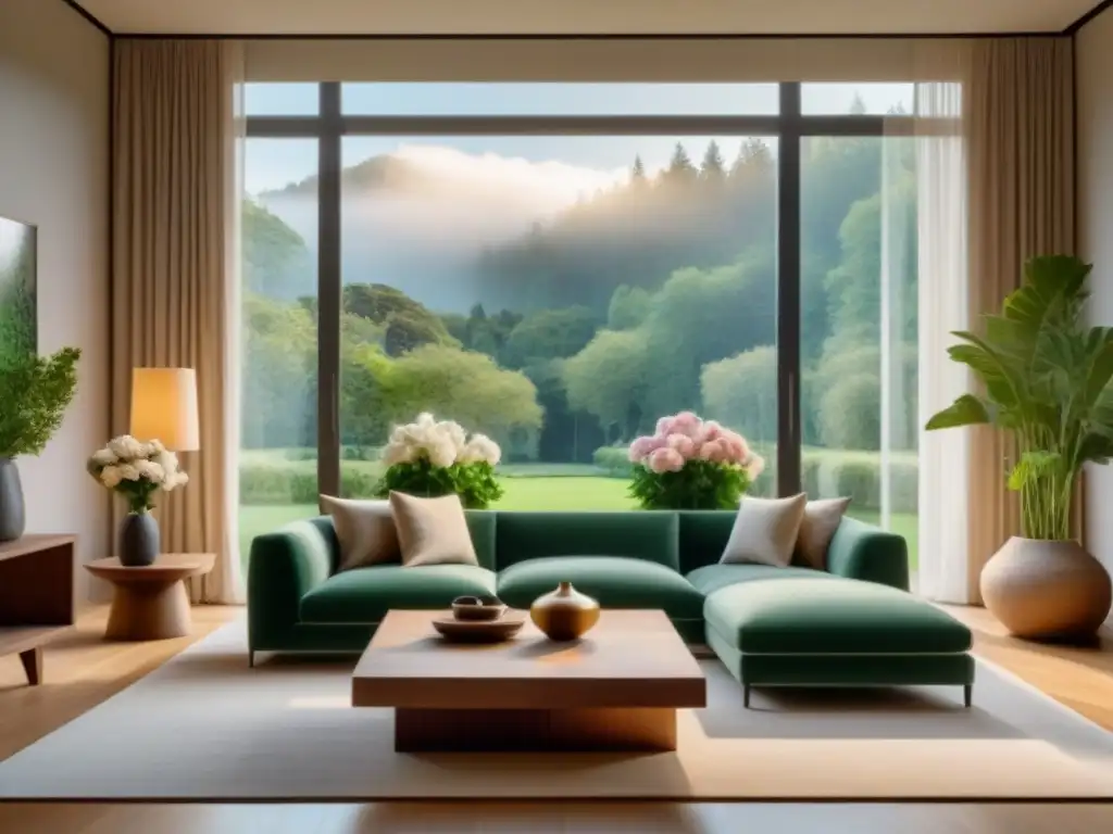 Salón moderno bañado por la luz del sol en 8k ultradetallado Un salón moderno y luminoso con vista a un jardín verde, muebles acogedores y arte contemporáneo