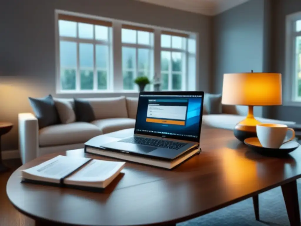 Salón moderno con plan de consolidación de deudas Salón moderno con mesa de madera, documentos financieros, laptop y café