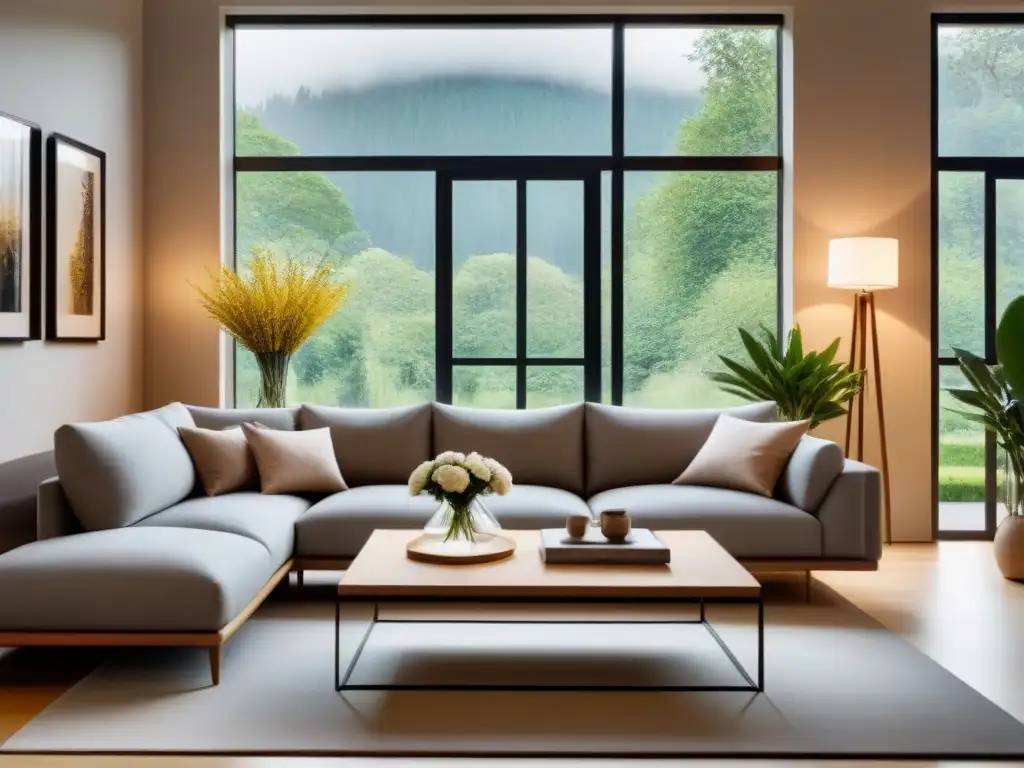 Sala minimalista con vista al jardín: moderna y acogedora Un salón moderno con muebles minimalistas y grandes ventanas que dan a un jardín sereno