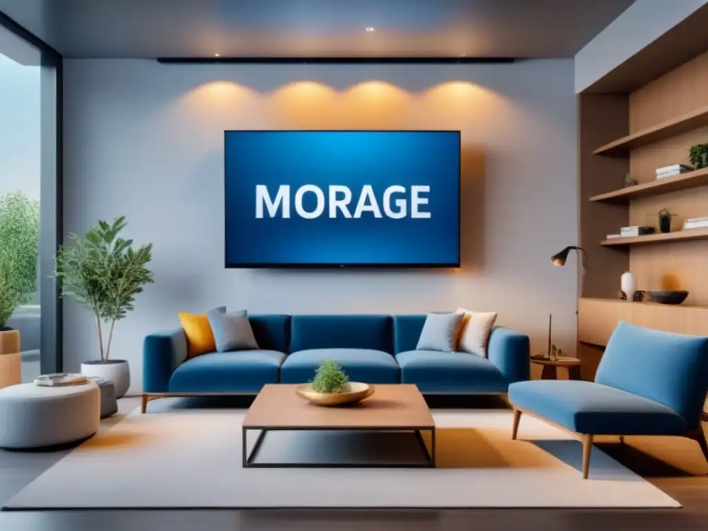 Salón moderno con opciones de hipoteca personalizada Salón moderno con pantalla digital de financiamiento hipoteca privada y profesionales discutiendo soluciones personalizadas