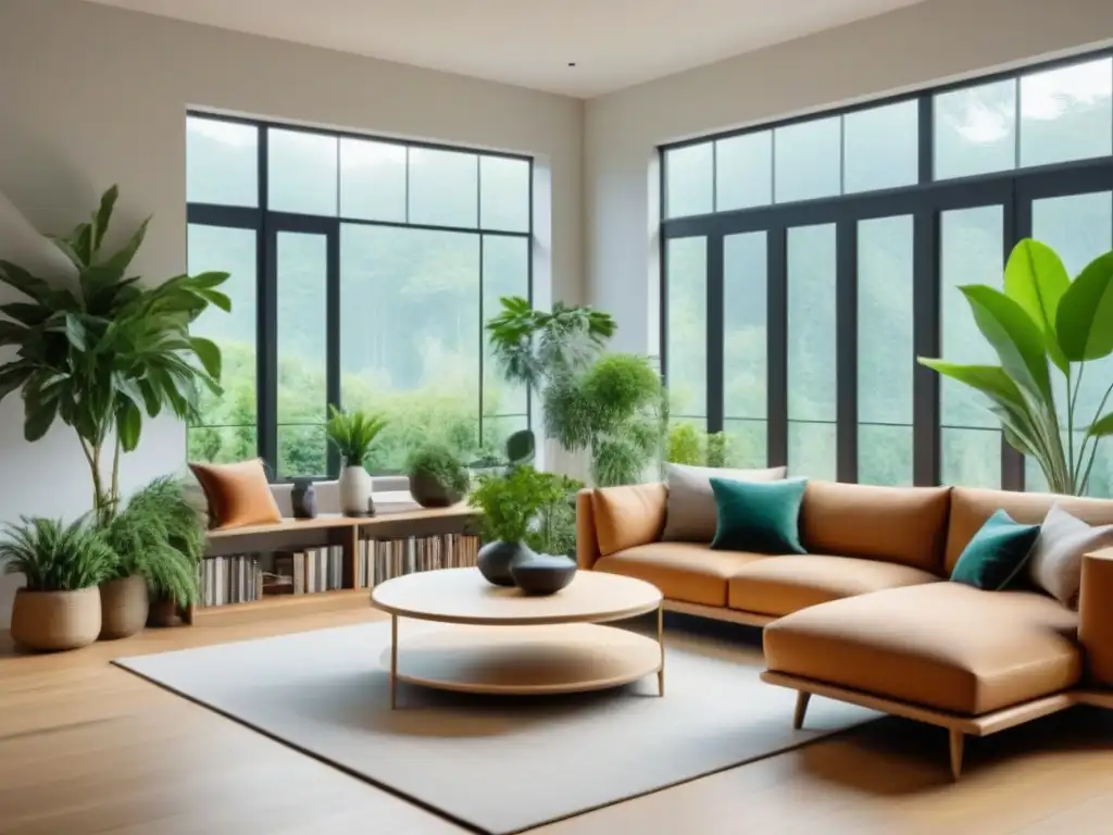 Salón moderno con plantas exuberantes, ventanales y muebles acogedores