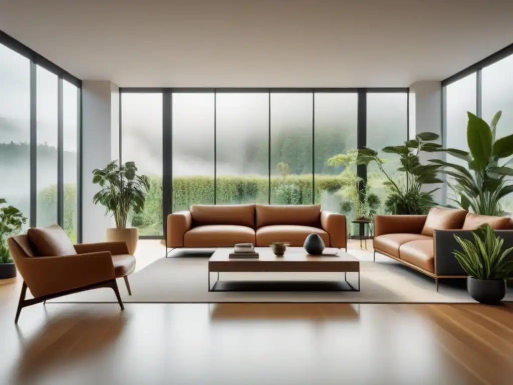 Un salón moderno con plantas cuidadosamente seleccionadas para mejorar el espacio, beneficios plantas hogar bienestar