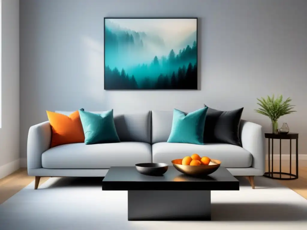 Salón moderno y sofisticado: psicología del color en propiedades Salón moderno con psicología del color en propiedades: sofá gris, cojines turquesa, cuadro abstracto cálido, mesa negra y ventana luminosa