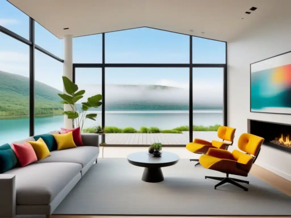 Salón minimalista con vista al lago: sofisticación y tranquilidad Salón moderno en segunda vivienda con diseño minimalista, ventana panorámica y vista al lago