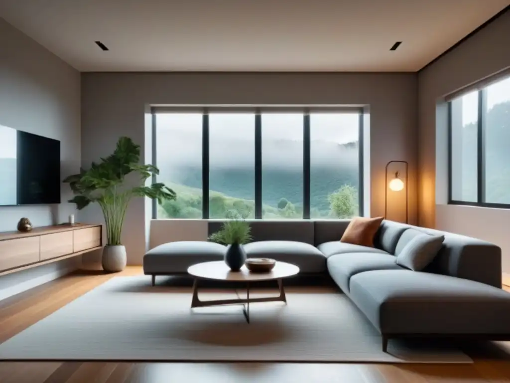 Salón minimalista con muebles modernos y serenidad Un salón moderno y sereno con mobiliario minimalista, líneas limpias y paleta de colores neutros
