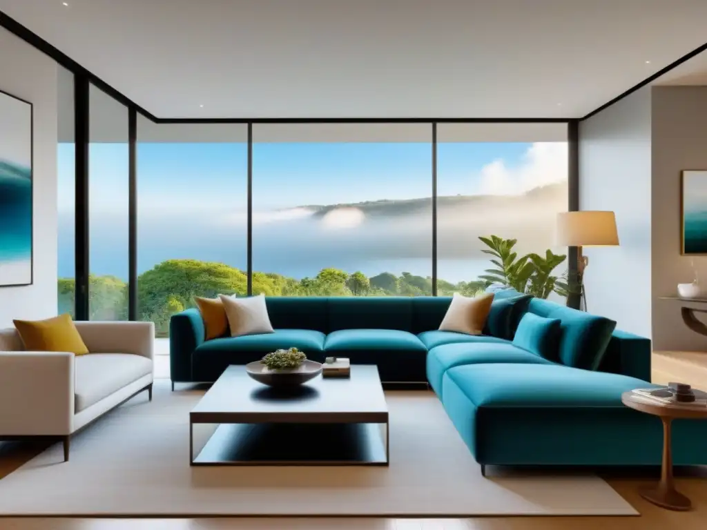 Salón moderno: lujo y tranquilidad en tonos neutros y azules Un salón moderno y sofisticado, con esquemas de color tranquilos y lujosos que reflejan la psicología del color en propiedades