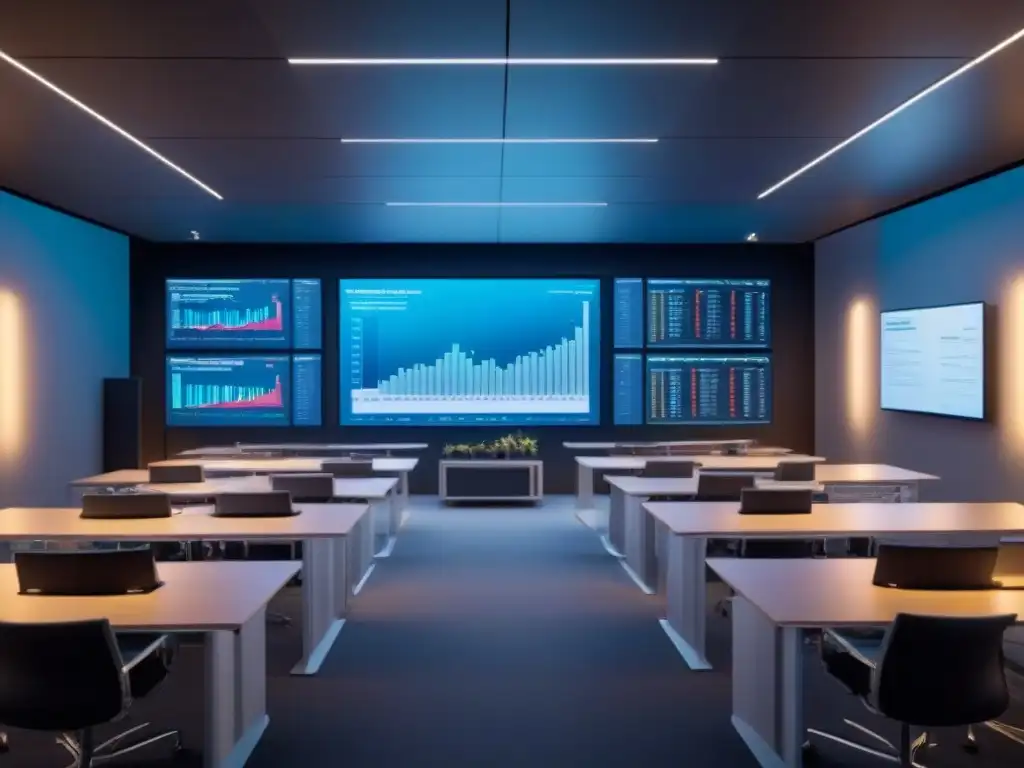 Imagen 8k de aula moderna para finanzas con gráficos financieros digitales Salón moderno con tecnología para los mejores cursos financiamiento inmobiliario