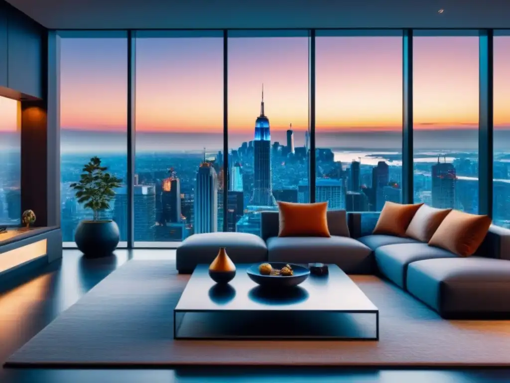 Sala de estar inteligente: tecnología y diseño moderno en armonía Salón moderno de una Smart Home con tecnología de vanguardia y vista a la ciudad