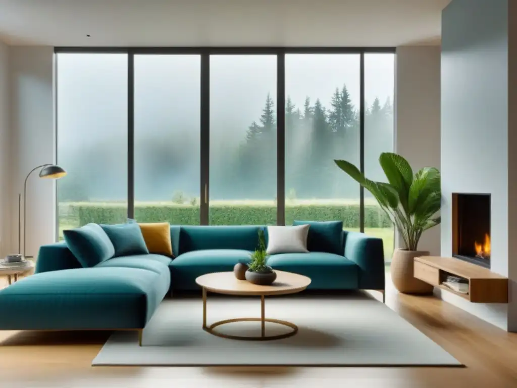 Salón moderno en azules y verdes con diseño minimalista y armonía natural Un salón moderno en tonos azules y verdes, con muebles contemporáneos y diseño minimalista