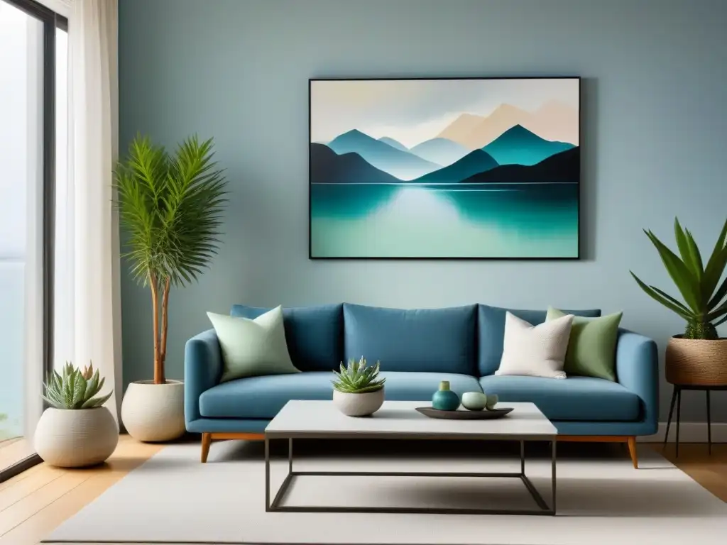 Salón moderno y sereno con sofá gris y detalles en tonos azules y verdes Un salón moderno y tranquilo con sofá gris, cojines en tonos azules y verdes
