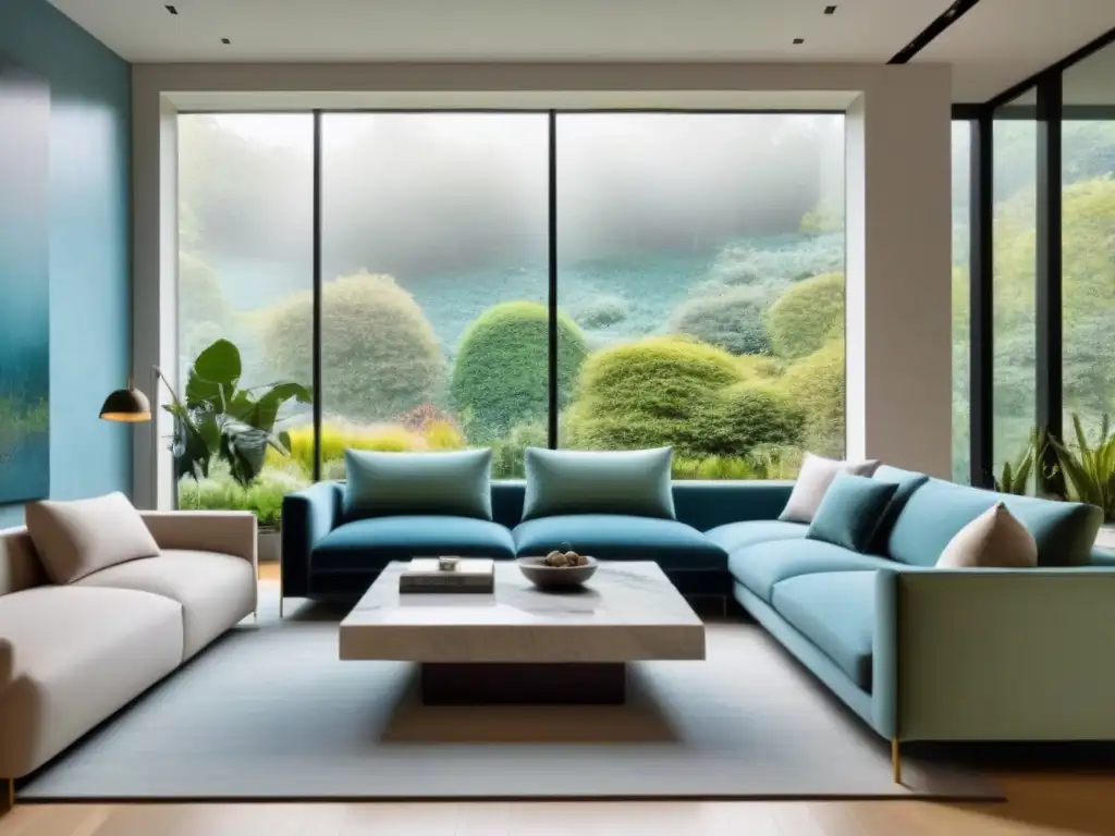 Sala moderna y serena con ventanales y jardín exuberante Salón moderno con ventanales a jardín exuberante, diseño minimalista y toque de lujo