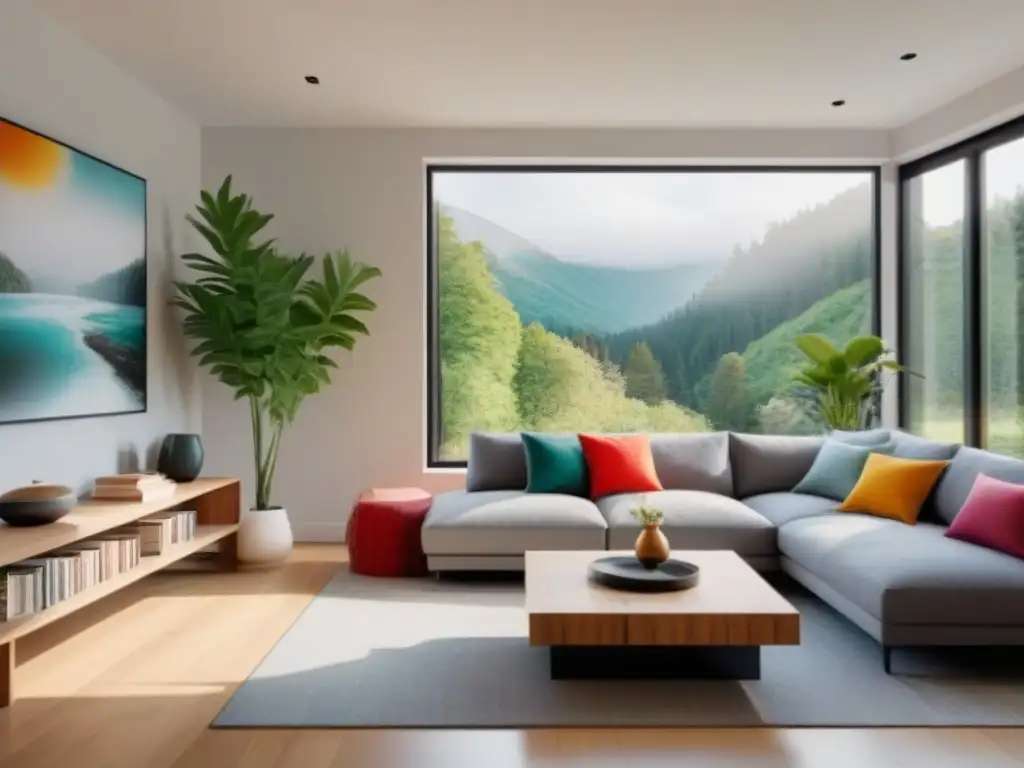 Sala de estar moderna con vista al jardín: calma y serenidad Salón moderno con vista al jardín, sofá gris, libros de bienestar, cuadro de naturaleza